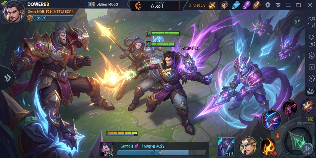 Tangkapan layar gameplay DOWER88 yang menampilkan aksi pertempuran MOBA yang mendebarkan.