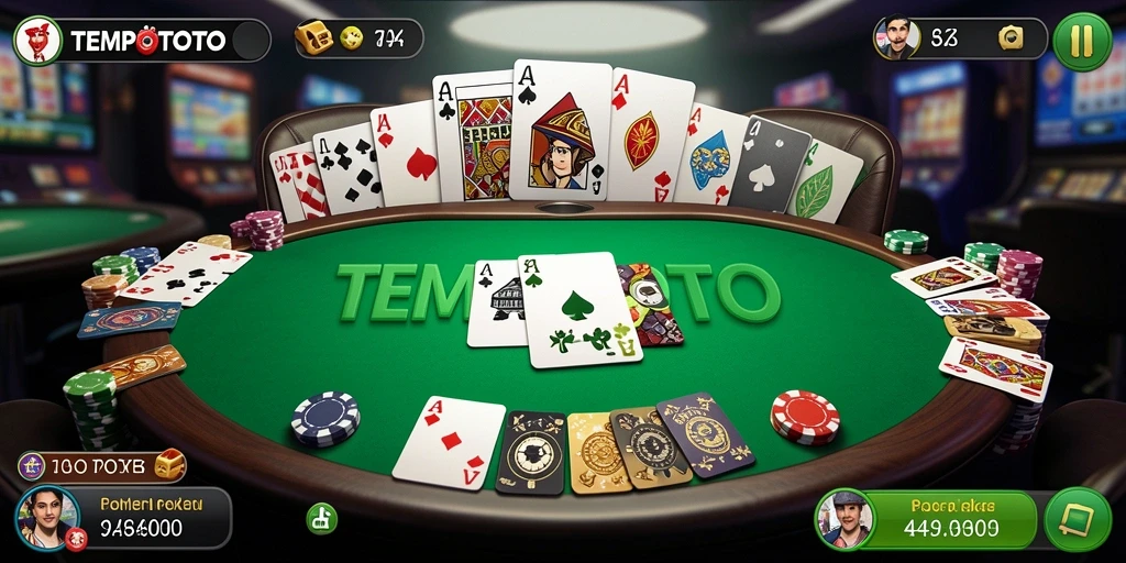 Screenshot TEMPOTOTO menunjukkan sesi permainan poker yang menggembirakan.