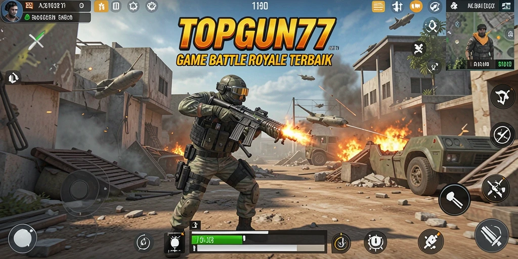 Tangkapan layar utama menunjukkan aksi intens dalam gameplay Battle Royale.